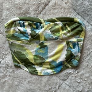 Floral print tube top with a green and blue color palette